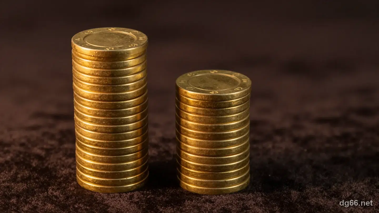 深棕絨布上兩疊金色籌碼,左邊那疊明顯比右邊高,對比炸金花 235 與豹子的出現次數