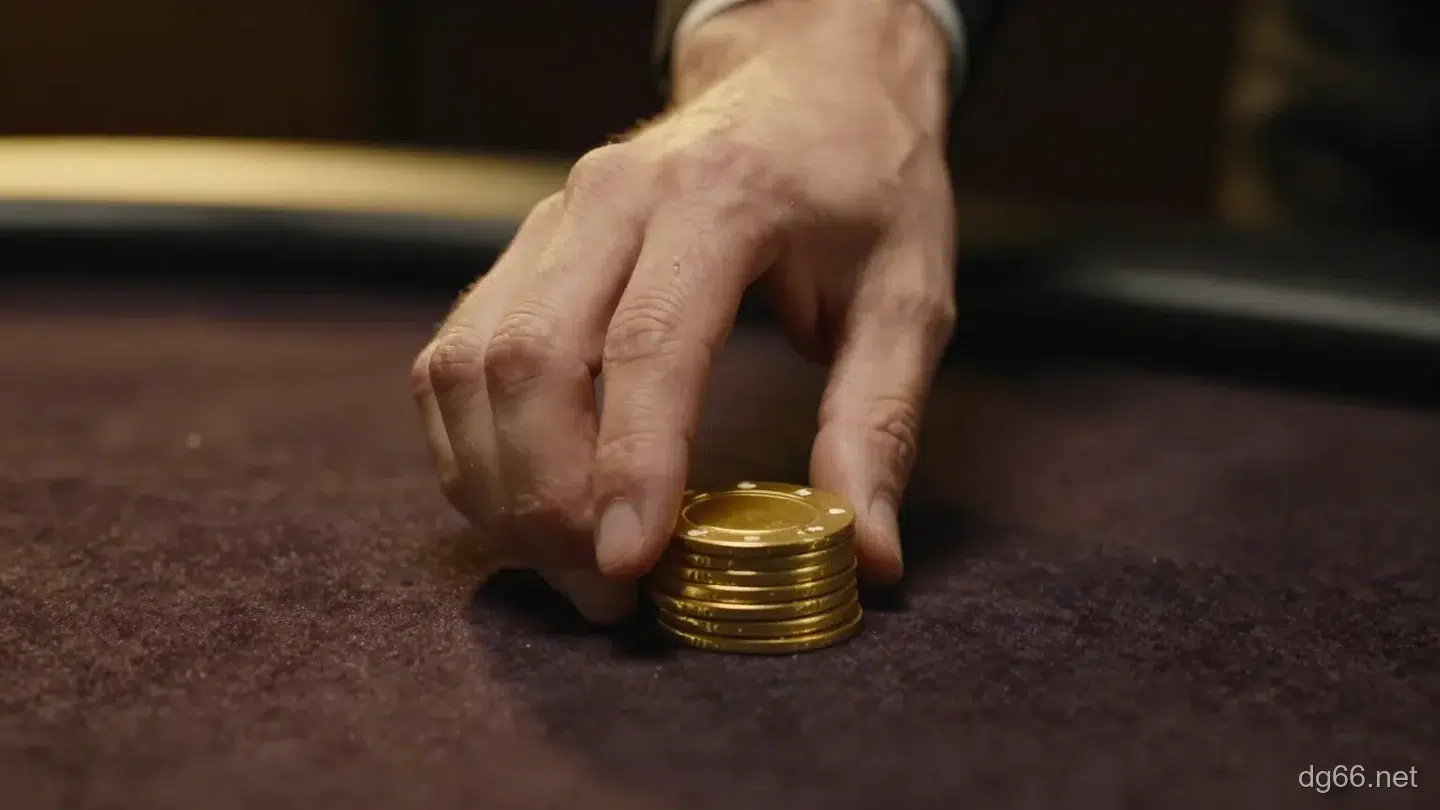 一隻手把一小疊金色籌碼推過深棕色絨布桌面,前方是空曠的絨布,暖金聚光燈