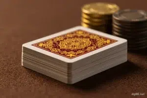 深棕色牌桌上一副疊得整齊、牌背朝上的撲克牌,旁邊立著金色與古銅色籌碼,象徵炸金花 22,100 種三張牌組合的窮舉計算