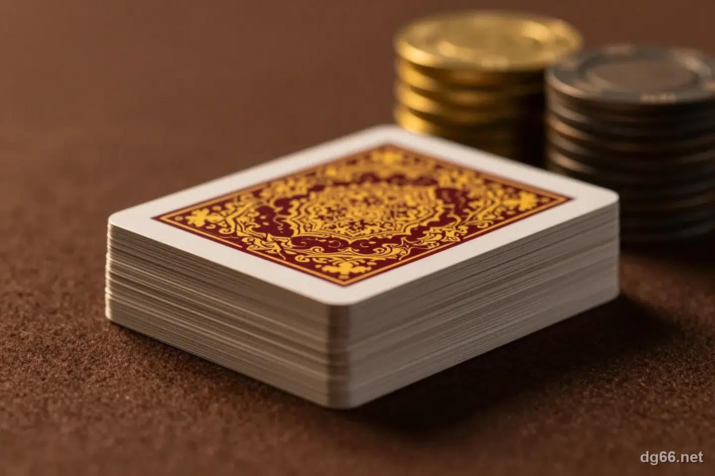 深棕色牌桌上一副疊得整齊、牌背朝上的撲克牌,旁邊立著金色與古銅色籌碼,象徵炸金花 22,100 種三張牌組合的窮舉計算