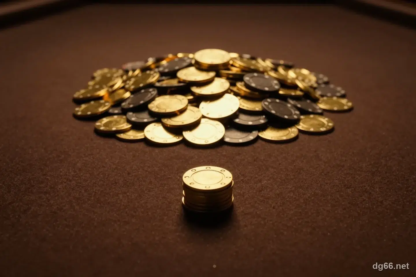 牌桌上一大堆金色籌碼堆成的底池,前方是一小疊要跟進去的籌碼,說明炸金花底池賠率的比值關係