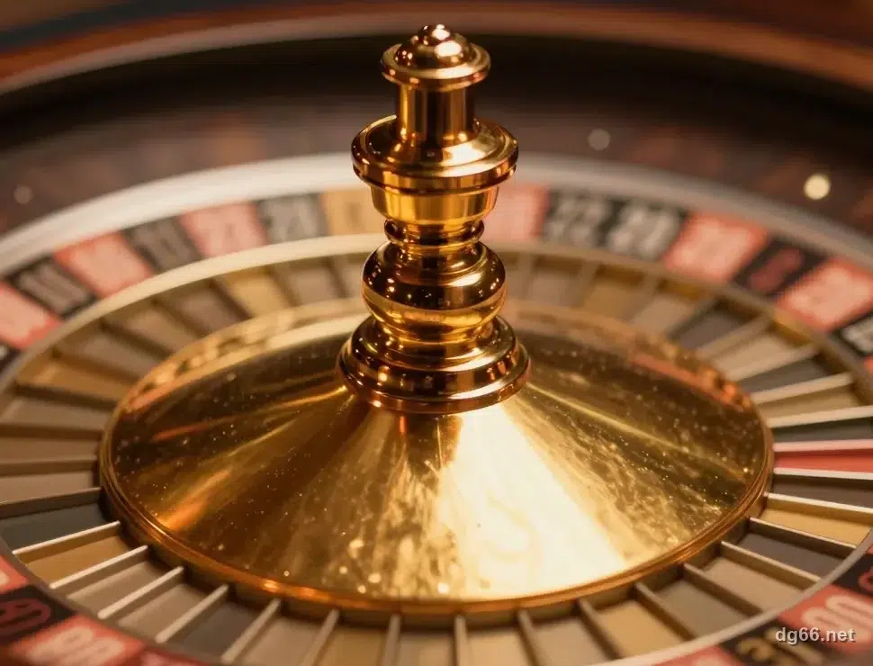 輪盤中央金色轉軸特寫,背景是模糊的號碼格帶,暖棕金色調