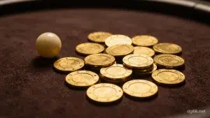 深棕色絨布賭桌上散放著一堆素面金色籌碼,左側單獨放著一顆象牙白轉球