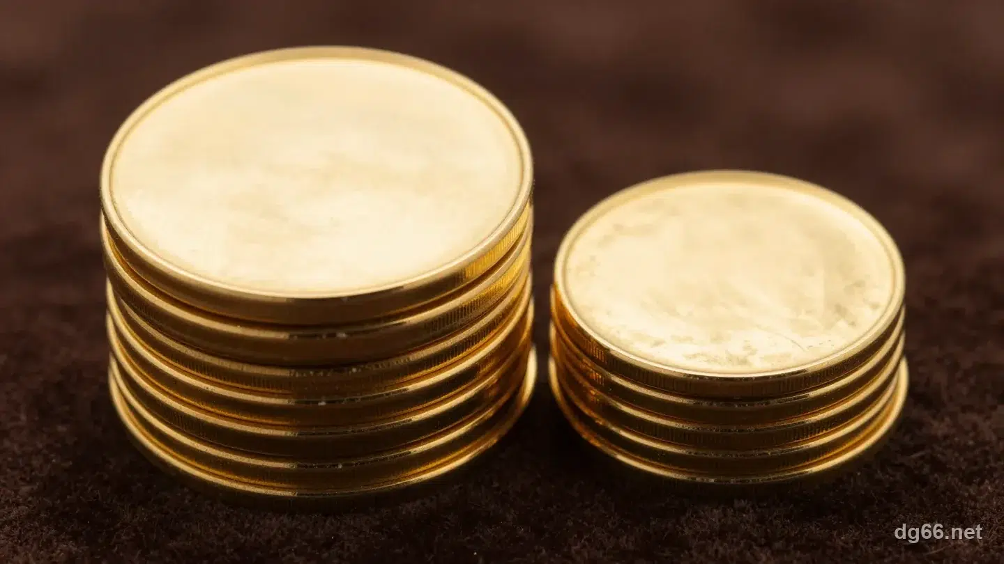 深棕色絨布上兩疊光滑無花紋的金色籌碼,左邊一疊很高、右邊一疊較矮,暖金色輪廓光